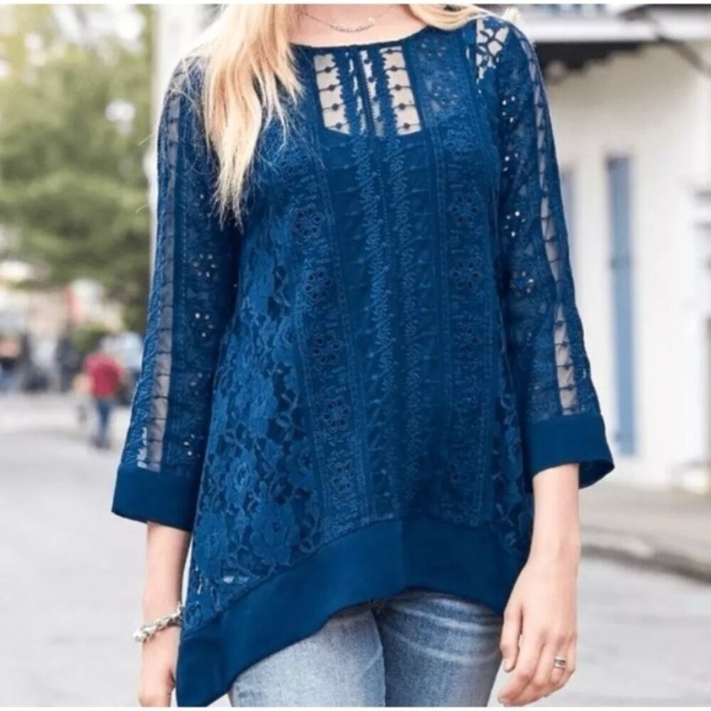 NWT Sundance Women's Sense of Style Sheer Lace Tunic Boho Top Blouse Navy XS